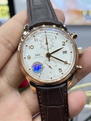ZF IWC Portofino Chronograph dial close up showing printing sharpness, subdial alignment, and leaf hand polish
