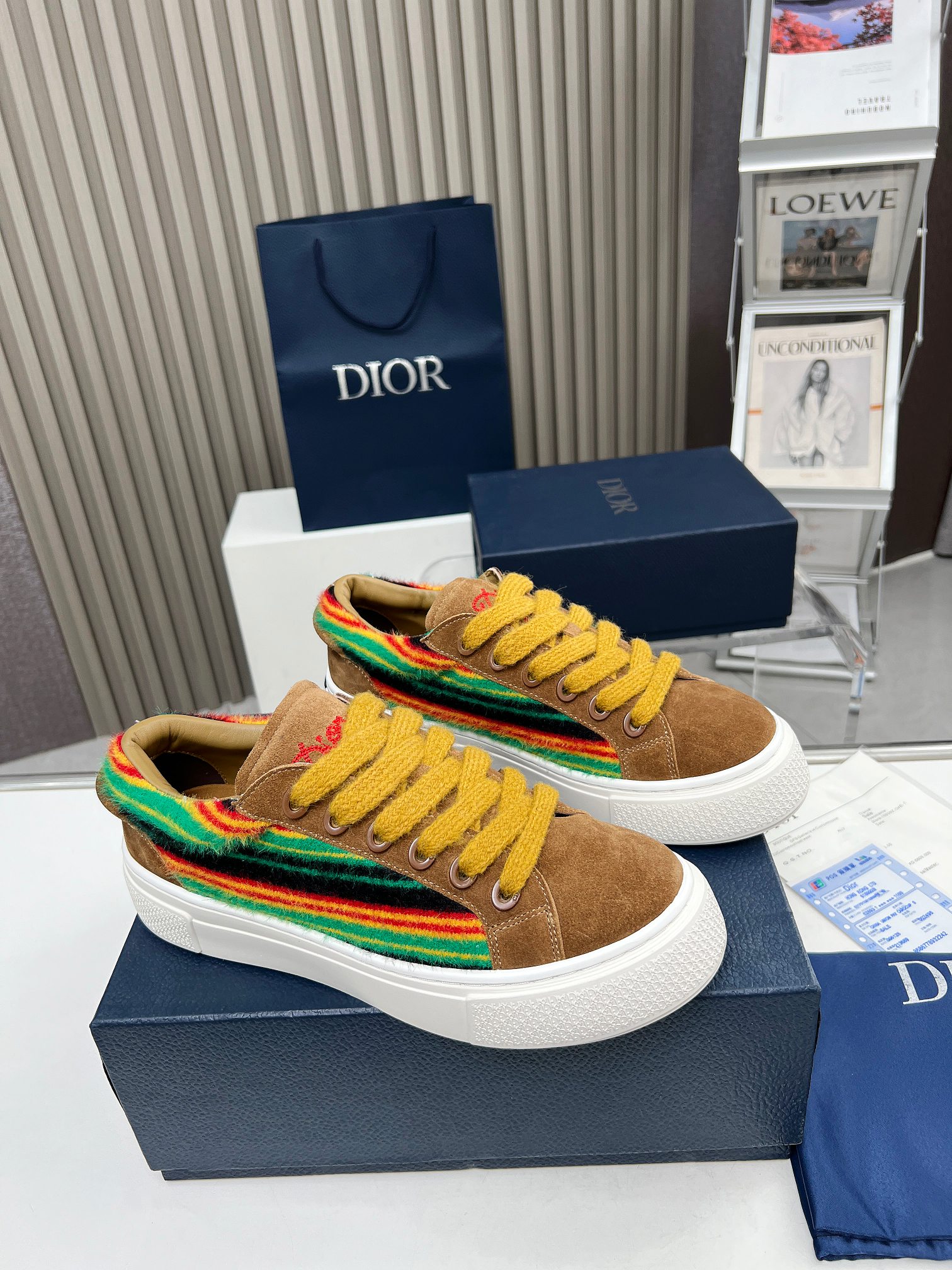 Dior Sneakers Single Layer Shoes Luxury Fashion Replica Designers
 Brown White Yellow Embroidery Unisex Women Men Cowhide Knitting Rubber Oblique Casual