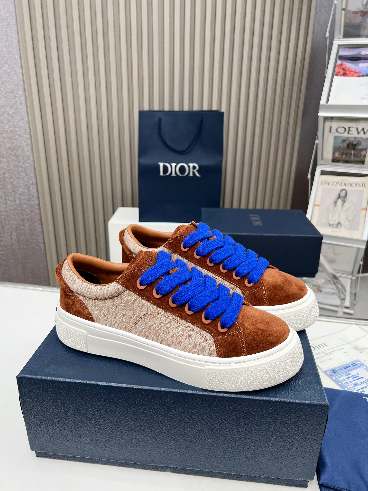Dior Sneakers Single Layer Shoes Brown White Yellow Embroidery Unisex Women Men Cowhide Knitting Rubber Oblique Casual