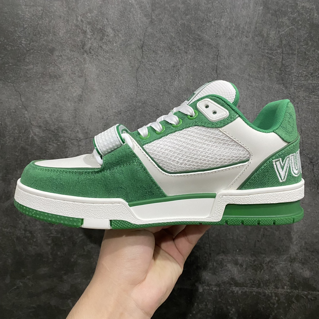 [Top grade glue-free version] Available for pick-up on the same day, LV Trainer series high-end sports shoes, super cool white and green Velcro new models