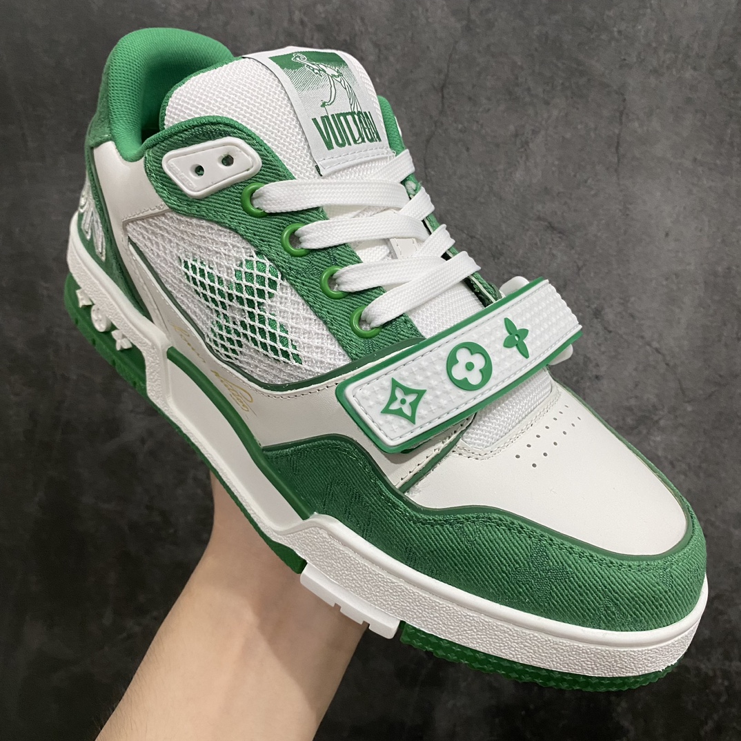 [Top grade glue-free version] Available for pick-up on the same day, LV Trainer series high-end sports shoes, super cool white and green Velcro new models