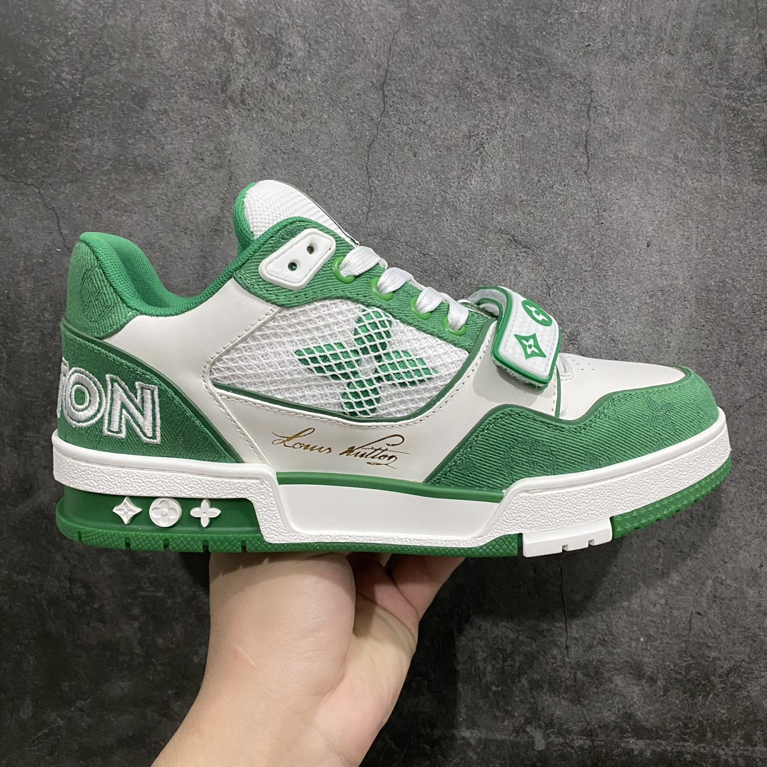 [Top grade glue-free version] Available for pick-up on the same day, LV Trainer series high-end sports shoes, super cool white and green Velcro new models