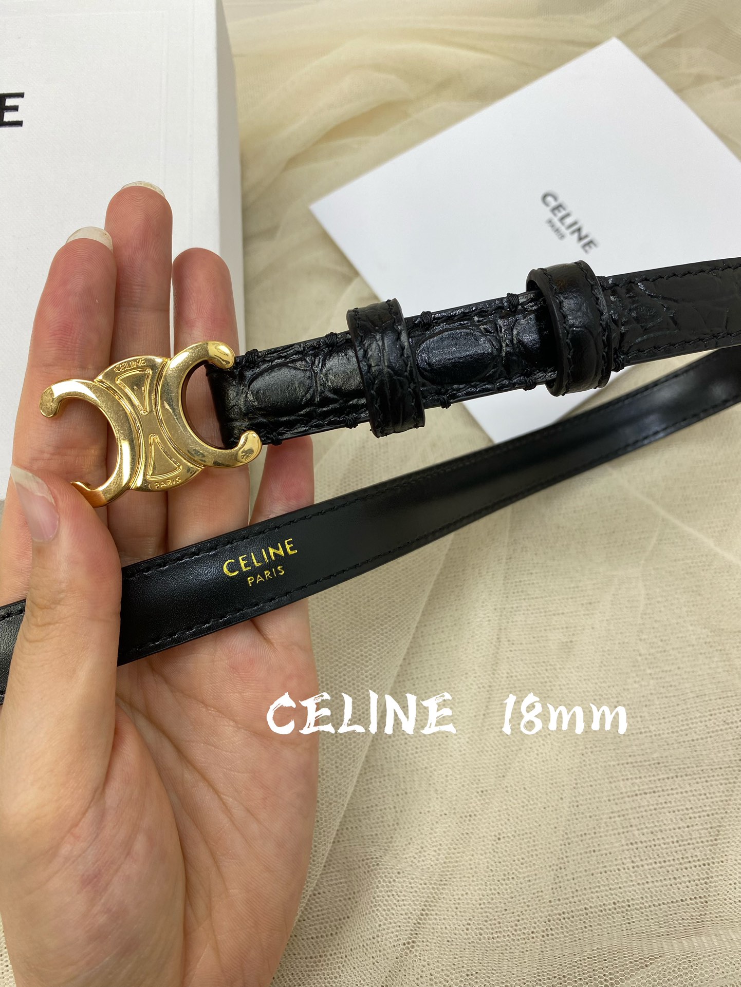 赛琳céline2022春夏新款正品复刻细节完美凯旋门腰带1.8cm精品铜扣织带拼接牛皮腰带.