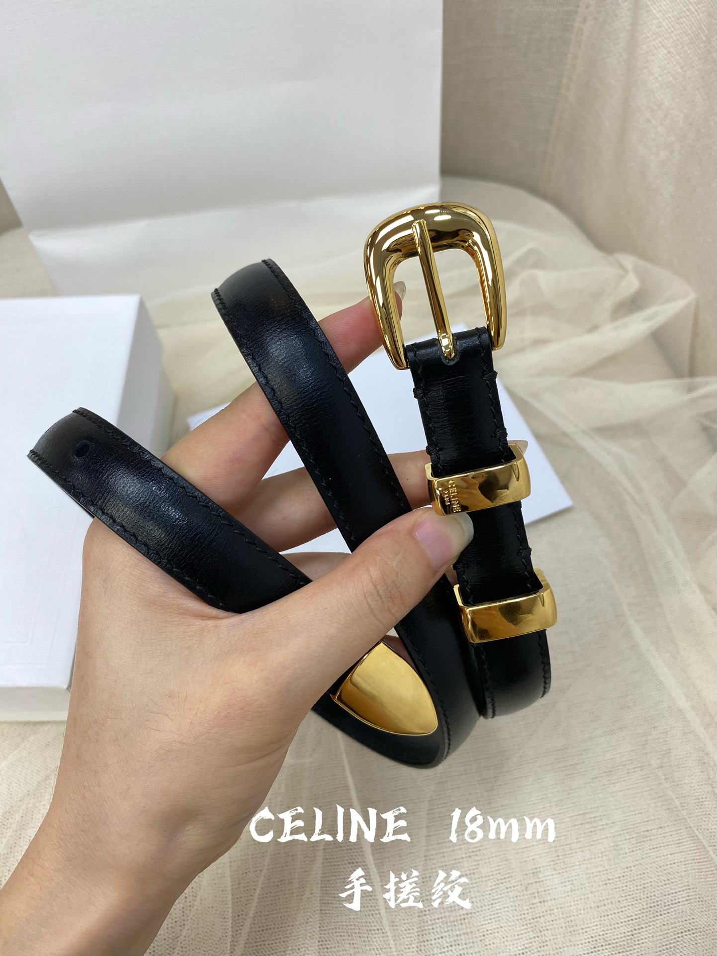 赛琳céline2022春夏新款正品复刻细节完美凯旋门腰带1.8cm精品铜扣织带拼接牛皮腰带.