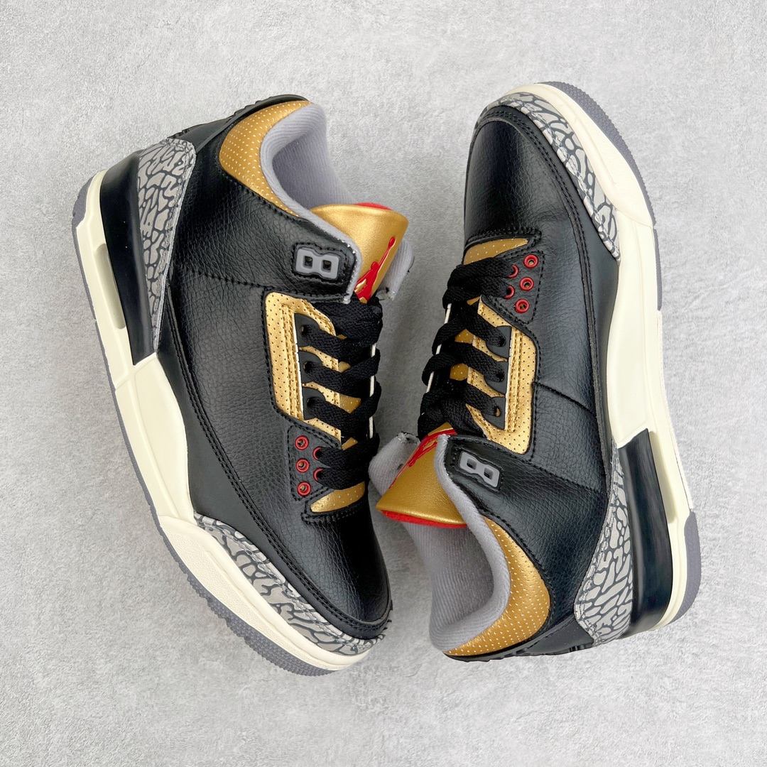 图片[3]-💰130 ＃PB版 福利特价‼Air Jordan AJ3 Retro 黑金 CK9246-067 市场中端王者 全套原纸板楦头开发 原厂大底磨具加持立体防滑纹理 原装可视Air Sole气垫 原汁原味最完美的三代版型 唯一正确鞋头趴度弧度高度鞋身腰线 此版本只针对中端市场 皮料材质有所更替 其他数据细节工艺流程均保持一致 绝不口嗨 细节品控鞋型随意秒杀市面3XX 4XX 原厂TPU后跟饰片 正确内里反口里网布 皮料菱角分明不变形无多余毛边 正确手工大底描漆拉丝 市场唯一原厂鞋扣模具 原厂织唛标 原厂飞人电绣工艺 尾指中部跳三针 独家绑鞋带手法 印刷中底布 四线拉帮 米色美纹纸贴合固定 进口港宝加持 后跟自然饱满 全鞋荧光划线卡点 追求极致完美 每一双都是工艺品 多重QC质检 超越公司货的品控标准 实实在在的免检产品 尺码：40 40.5 41 42 42.5 43 44 44.5 45 45.5 46 47.5 编码：by2936000-运动鞋