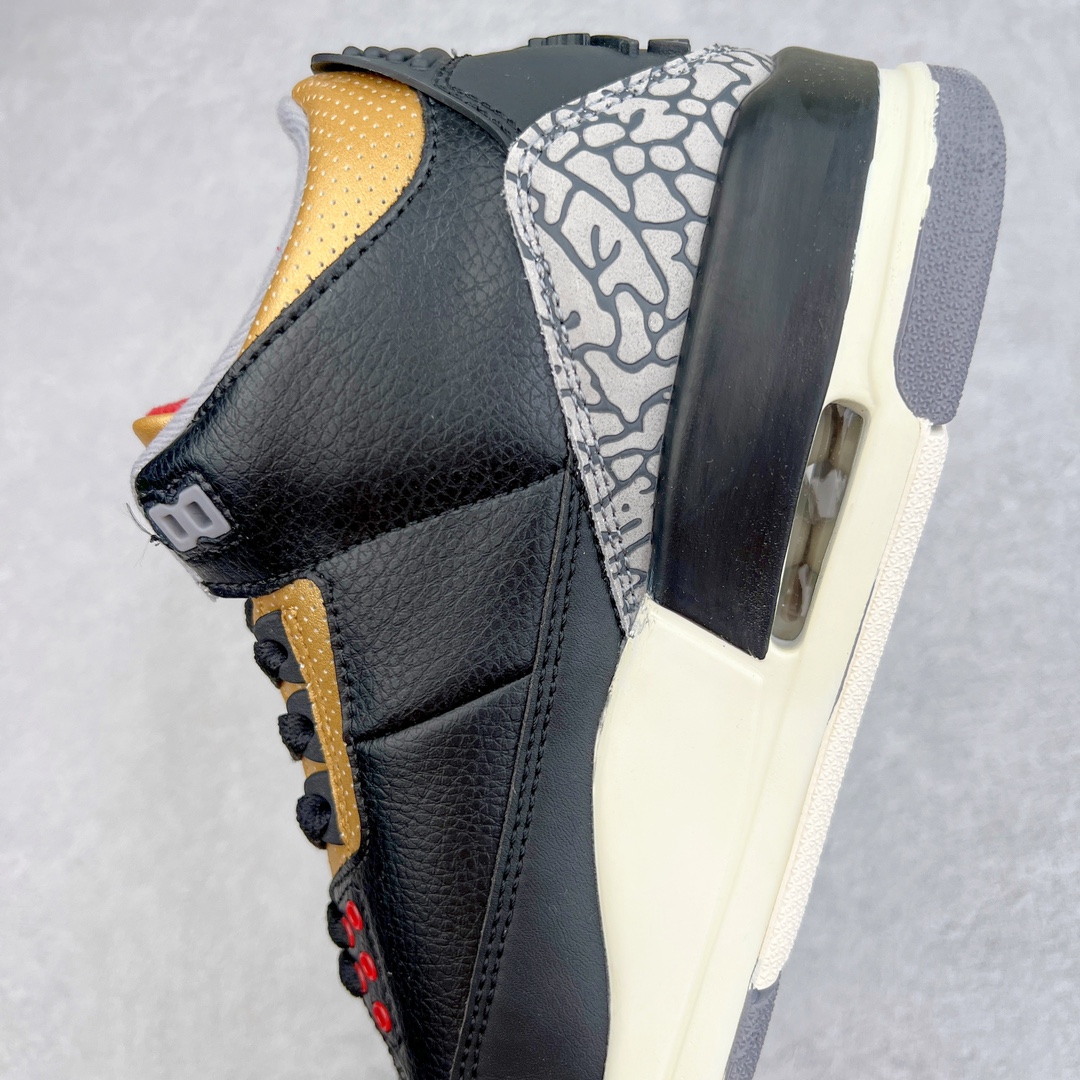 图片[7]-💰130 ＃PB版 福利特价‼Air Jordan AJ3 Retro 黑金 CK9246-067 市场中端王者 全套原纸板楦头开发 原厂大底磨具加持立体防滑纹理 原装可视Air Sole气垫 原汁原味最完美的三代版型 唯一正确鞋头趴度弧度高度鞋身腰线 此版本只针对中端市场 皮料材质有所更替 其他数据细节工艺流程均保持一致 绝不口嗨 细节品控鞋型随意秒杀市面3XX 4XX 原厂TPU后跟饰片 正确内里反口里网布 皮料菱角分明不变形无多余毛边 正确手工大底描漆拉丝 市场唯一原厂鞋扣模具 原厂织唛标 原厂飞人电绣工艺 尾指中部跳三针 独家绑鞋带手法 印刷中底布 四线拉帮 米色美纹纸贴合固定 进口港宝加持 后跟自然饱满 全鞋荧光划线卡点 追求极致完美 每一双都是工艺品 多重QC质检 超越公司货的品控标准 实实在在的免检产品 尺码：40 40.5 41 42 42.5 43 44 44.5 45 45.5 46 47.5 编码：by2936000-运动鞋