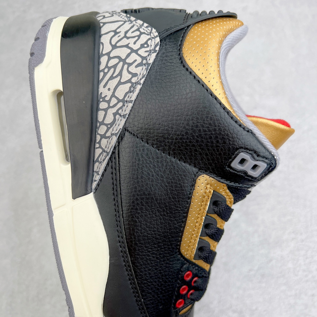 图片[6]-💰130 ＃PB版 福利特价‼Air Jordan AJ3 Retro 黑金 CK9246-067 市场中端王者 全套原纸板楦头开发 原厂大底磨具加持立体防滑纹理 原装可视Air Sole气垫 原汁原味最完美的三代版型 唯一正确鞋头趴度弧度高度鞋身腰线 此版本只针对中端市场 皮料材质有所更替 其他数据细节工艺流程均保持一致 绝不口嗨 细节品控鞋型随意秒杀市面3XX 4XX 原厂TPU后跟饰片 正确内里反口里网布 皮料菱角分明不变形无多余毛边 正确手工大底描漆拉丝 市场唯一原厂鞋扣模具 原厂织唛标 原厂飞人电绣工艺 尾指中部跳三针 独家绑鞋带手法 印刷中底布 四线拉帮 米色美纹纸贴合固定 进口港宝加持 后跟自然饱满 全鞋荧光划线卡点 追求极致完美 每一双都是工艺品 多重QC质检 超越公司货的品控标准 实实在在的免检产品 尺码：40 40.5 41 42 42.5 43 44 44.5 45 45.5 46 47.5 编码：by2936000-运动鞋