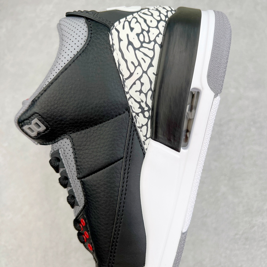 图片[7]-💰130 ＃PB版 福利特价‼Air Jordan AJ3 Retro 黑水泥 854262-001 市场中端王者 全套原纸板楦头开发 原厂大底磨具加持立体防滑纹理 原装可视Air Sole气垫 原汁原味最完美的三代版型 唯一正确鞋头趴度弧度高度鞋身腰线 此版本只针对中端市场 皮料材质有所更替 其他数据细节工艺流程均保持一致 绝不口嗨 细节品控鞋型随意秒杀市面3XX 4XX 原厂TPU后跟饰片 正确内里反口里网布 皮料菱角分明不变形无多余毛边 正确手工大底描漆拉丝 市场唯一原厂鞋扣模具 原厂织唛标 原厂飞人电绣工艺 尾指中部跳三针 独家绑鞋带手法 印刷中底布 四线拉帮 米色美纹纸贴合固定 进口港宝加持 后跟自然饱满 全鞋荧光划线卡点 追求极致完美 每一双都是工艺品 多重QC质检 超越公司货的品控标准 实实在在的免检产品 尺码：40 40.5 41 42 42.5 43 44 44.5 45 45.5 46 47.5 编码：by2936000-运动鞋