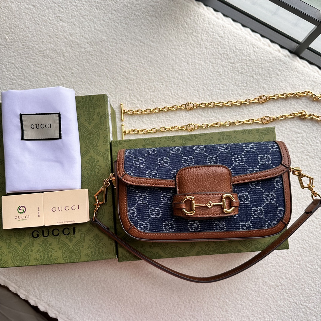 Gucci Horsebit 1955 Blue GG denim and brown leather shoulder everyday