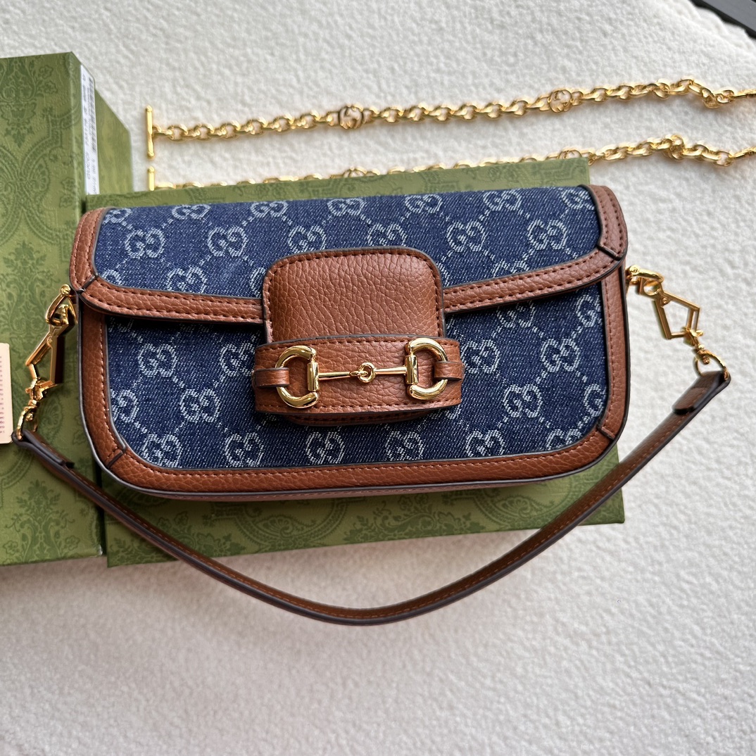 Gucci Horsebit 1955 Blue GG denim and brown leather shoulder everyday