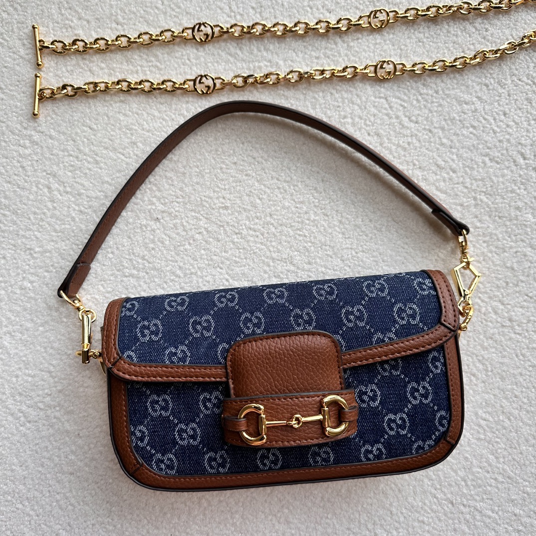 Gucci Horsebit 1955 Blue GG denim and brown leather shoulder everyday