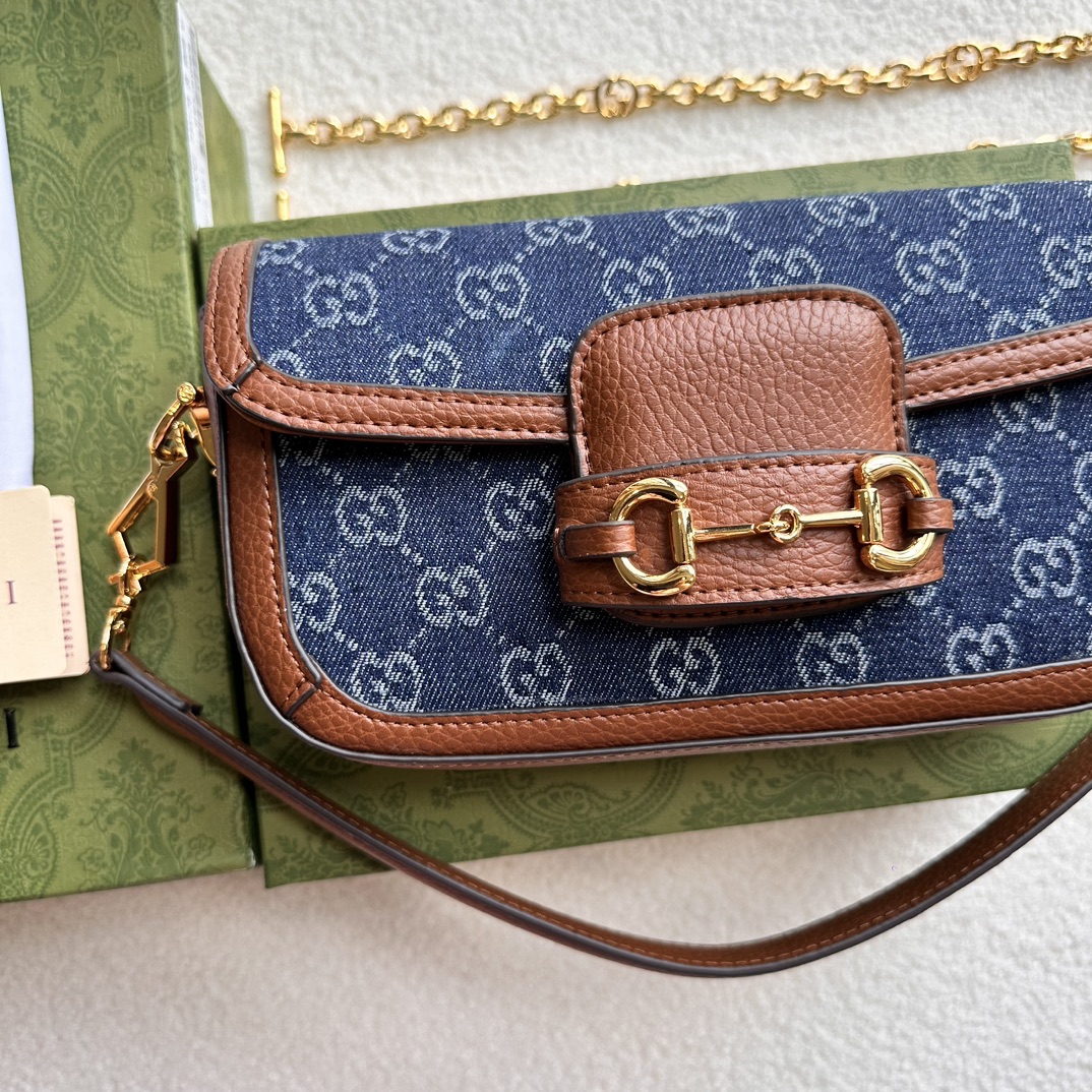 Gucci Horsebit 1955 Blue GG denim and brown leather shoulder everyday