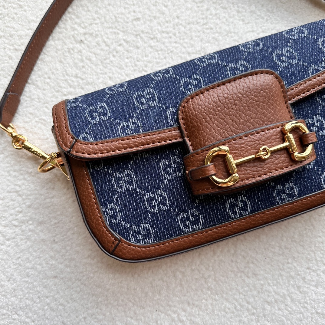 Gucci Horsebit 1955 Blue GG denim and brown leather shoulder everyday