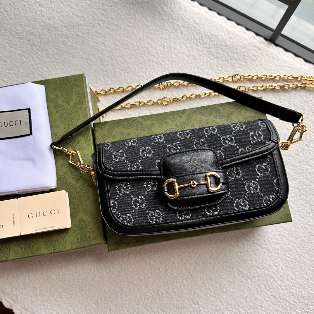 Gucci Horsebit 1955 Black GG denim shoulder everyday