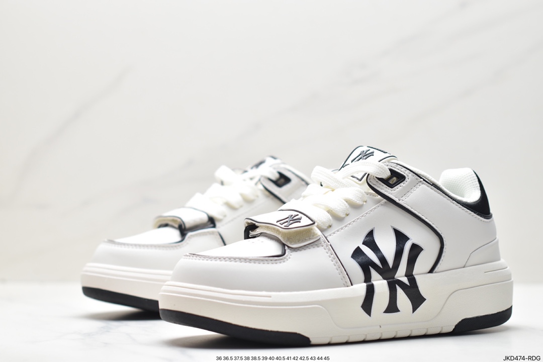 MLB Chunky Liner New York Yankees Senior Shoes Series Low-top Daddy Style Lightweight Height-enhanced Thick-soled All-match Casual Sports Jogging Shoes ”Leather White and Black NY Print” 3ASXLM13N (C0002)