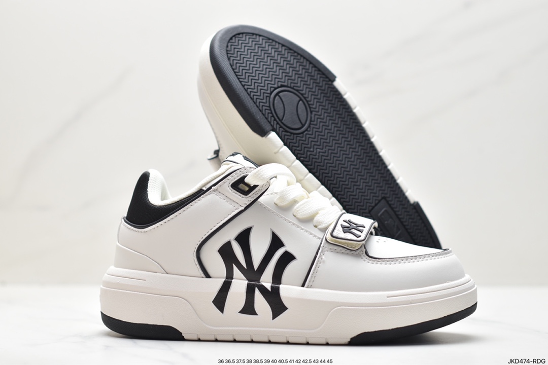 MLB Chunky Liner New York Yankees Senior Shoes Series Low-top Daddy Style Lightweight Height-enhanced Thick-soled All-match Casual Sports Jogging Shoes ”Leather White and Black NY Print” 3ASXLM13N (C0002)