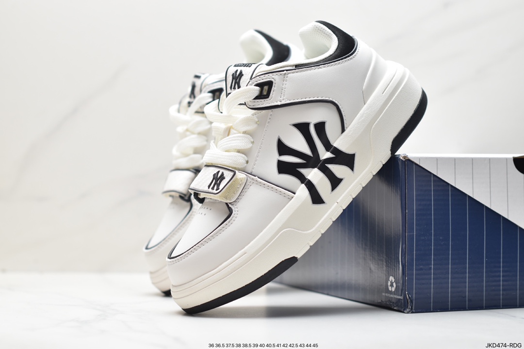 MLB Chunky Liner New York Yankees Senior Shoes Series Low-top Daddy Style Lightweight Height-enhanced Thick-soled All-match Casual Sports Jogging Shoes ”Leather White and Black NY Print” 3ASXLM13N (C0002)