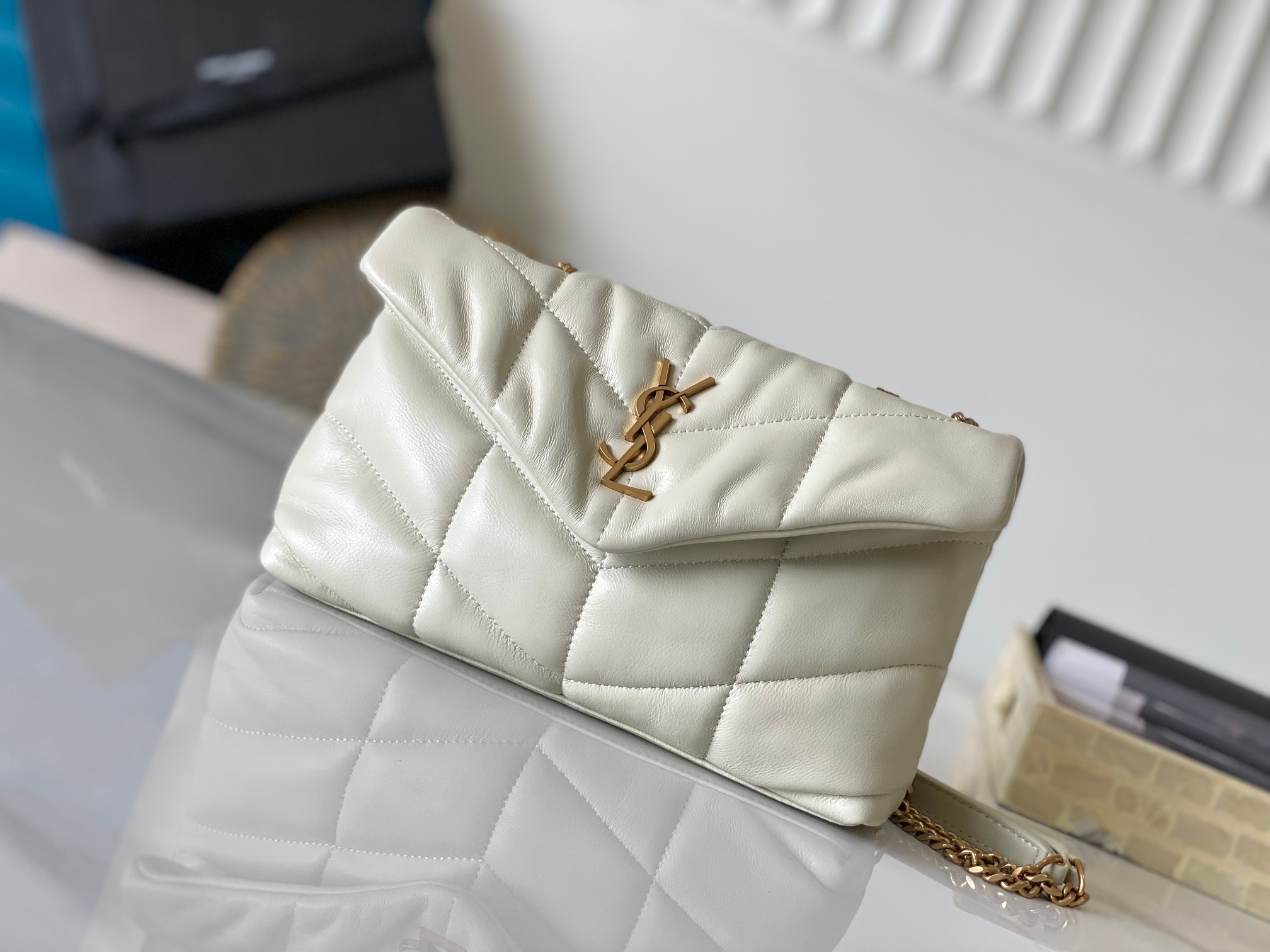 Yves Saint Laurent Crossbody & Shoulder Bags White Gold Hardware Lambskin Sheepskin Loulou Puffer Chains