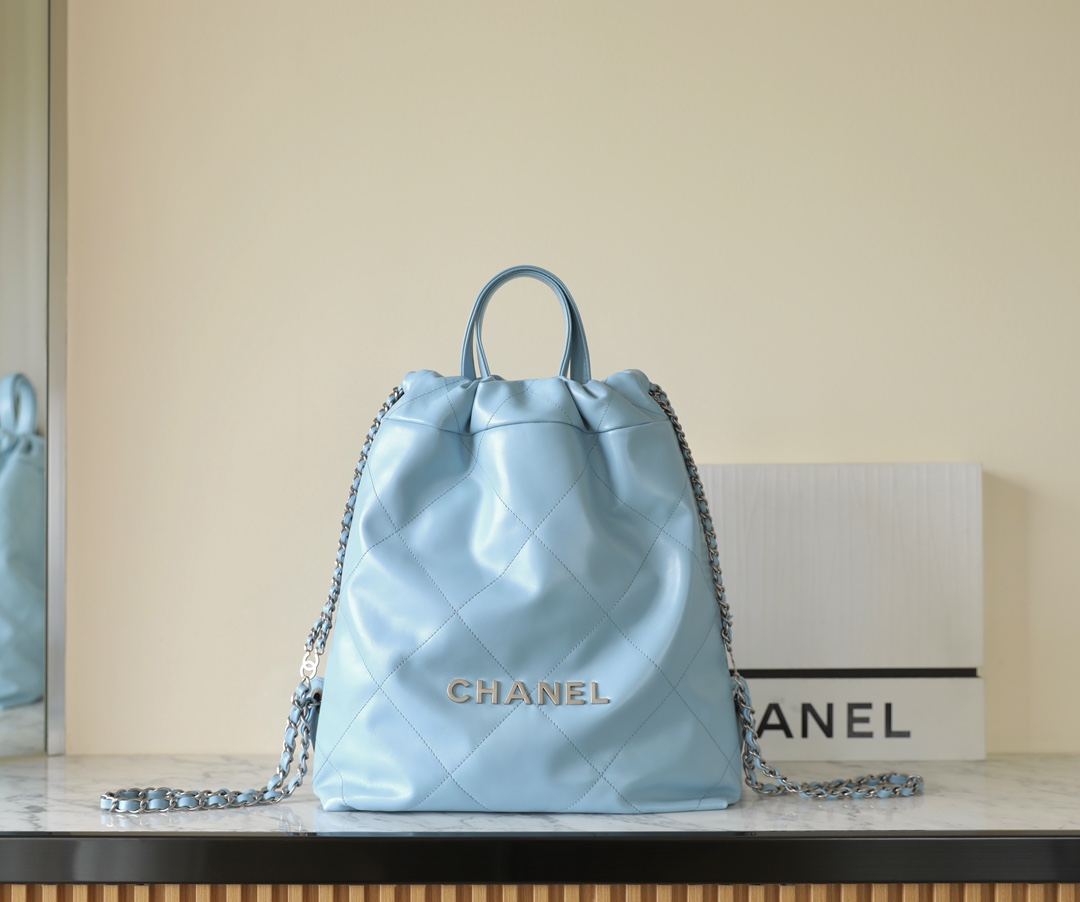 Chanel Bags Backpack Blue Light Vintage Gold Calfskin Cowhide
