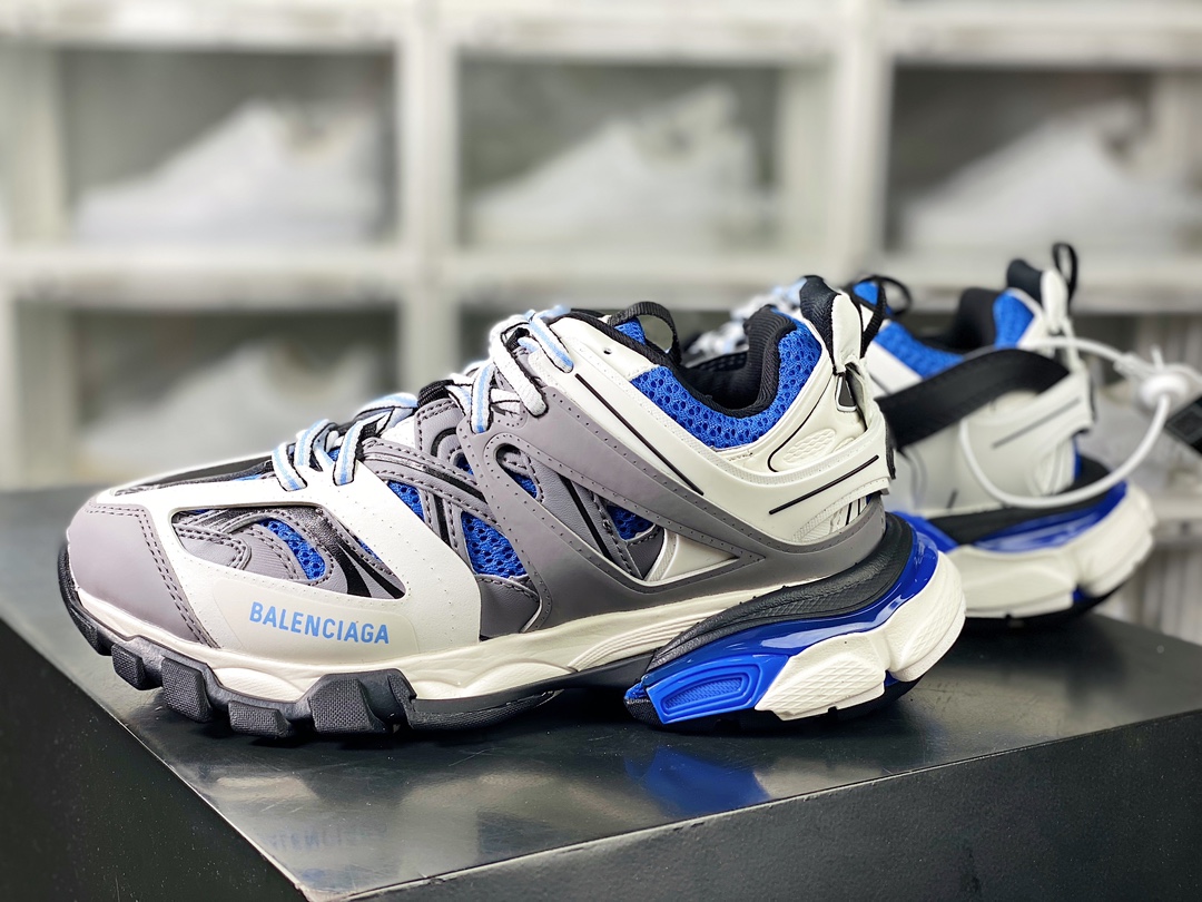 Balenciaga Track Trainers 3.0 Retro Wild Running Daddy Trendy All-match Jogging Shoes ”Dark Gray, White, Black and Sapphire Blue” 542436 W3SR6 2501