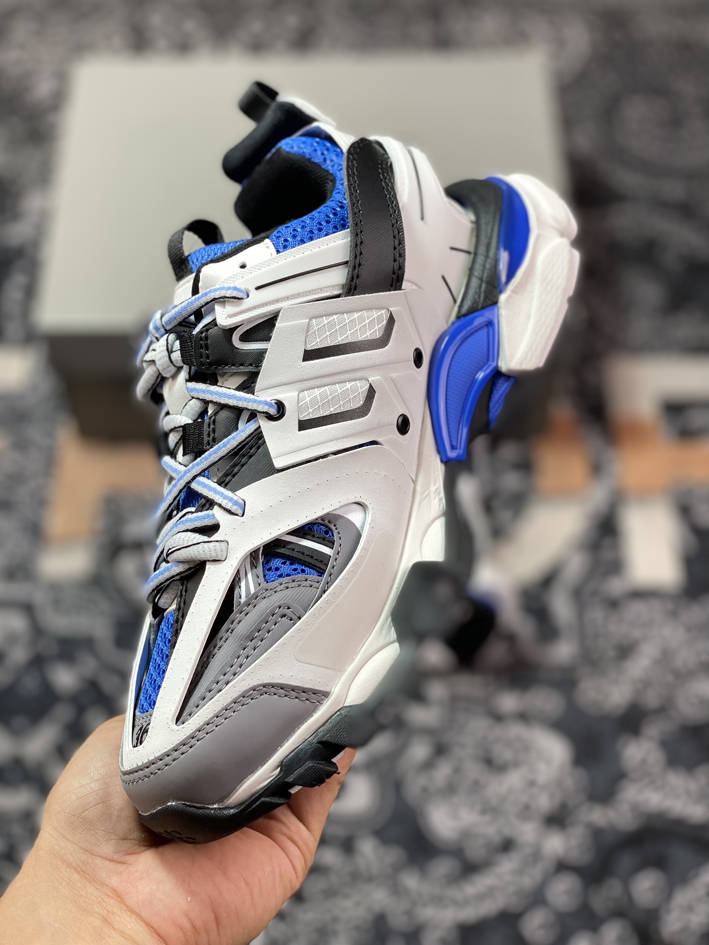 Balenciaga Track Trainers 3.0 Retro Wild Running Daddy Trendy All-match Jogging Shoes ”Dark Gray, White, Black and Sapphire Blue” 542436 W3SR6 2501