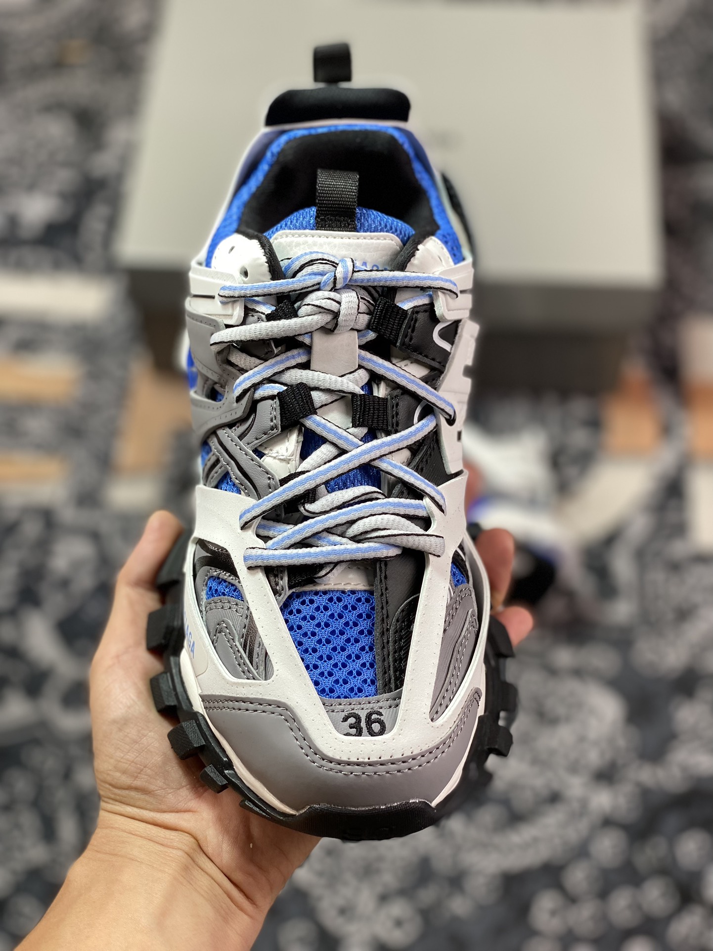 Balenciaga Track Trainers 3.0 Retro Wild Running Daddy Trendy All-match Jogging Shoes ”Dark Gray, White, Black and Sapphire Blue” 542436 W3SR6 2501