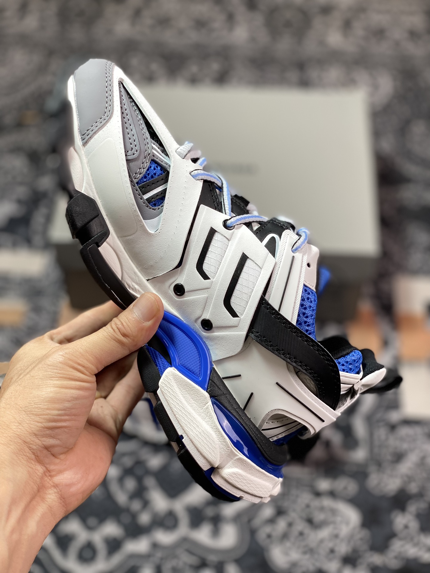 Balenciaga Track Trainers 3.0 Retro Wild Running Daddy Trendy All-match Jogging Shoes ”Dark Gray, White, Black and Sapphire Blue” 542436 W3SR6 2501