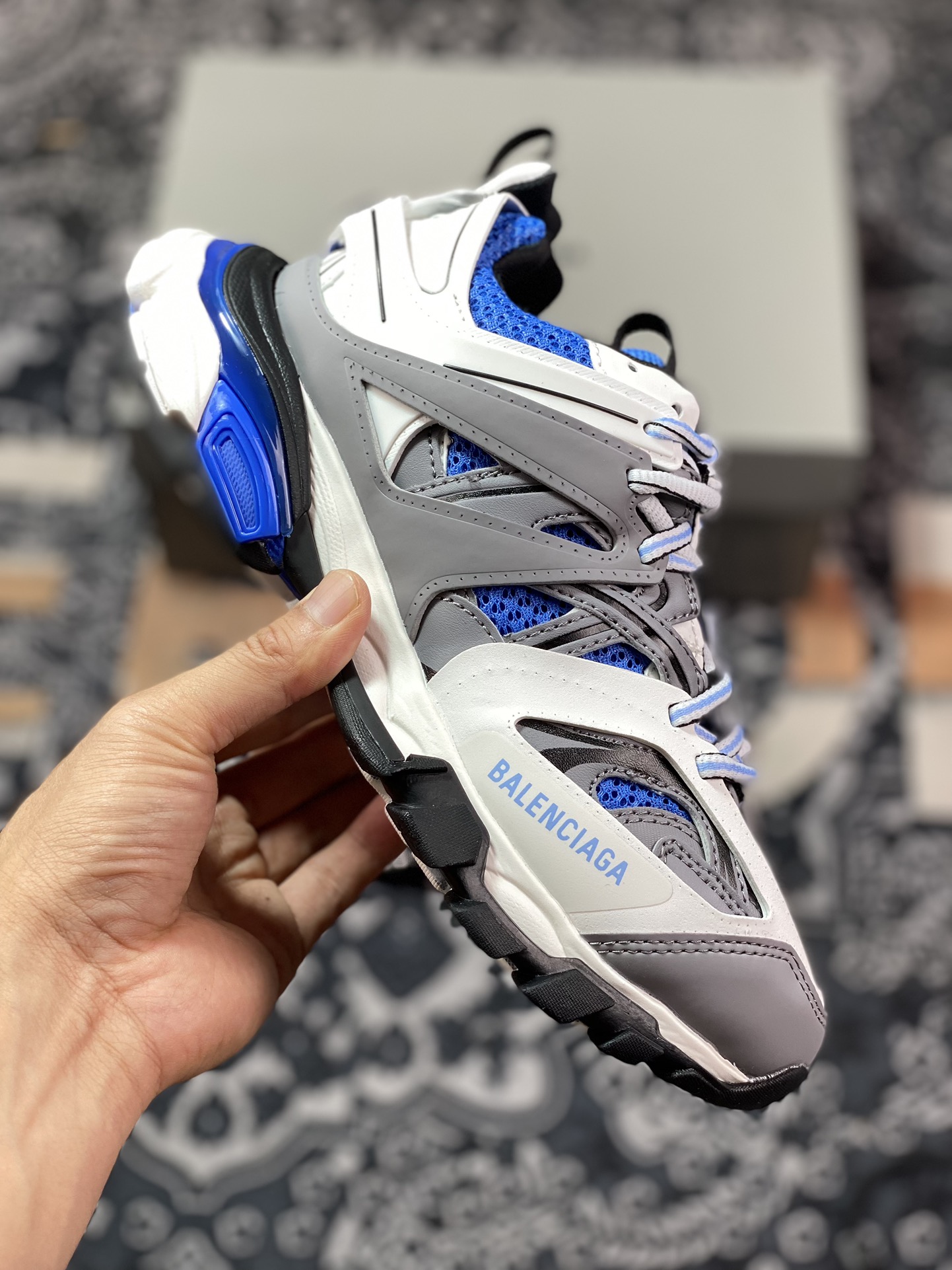 Balenciaga Track Trainers 3.0 Retro Wild Running Daddy Trendy All-match Jogging Shoes ”Dark Gray, White, Black and Sapphire Blue” 542436 W3SR6 2501