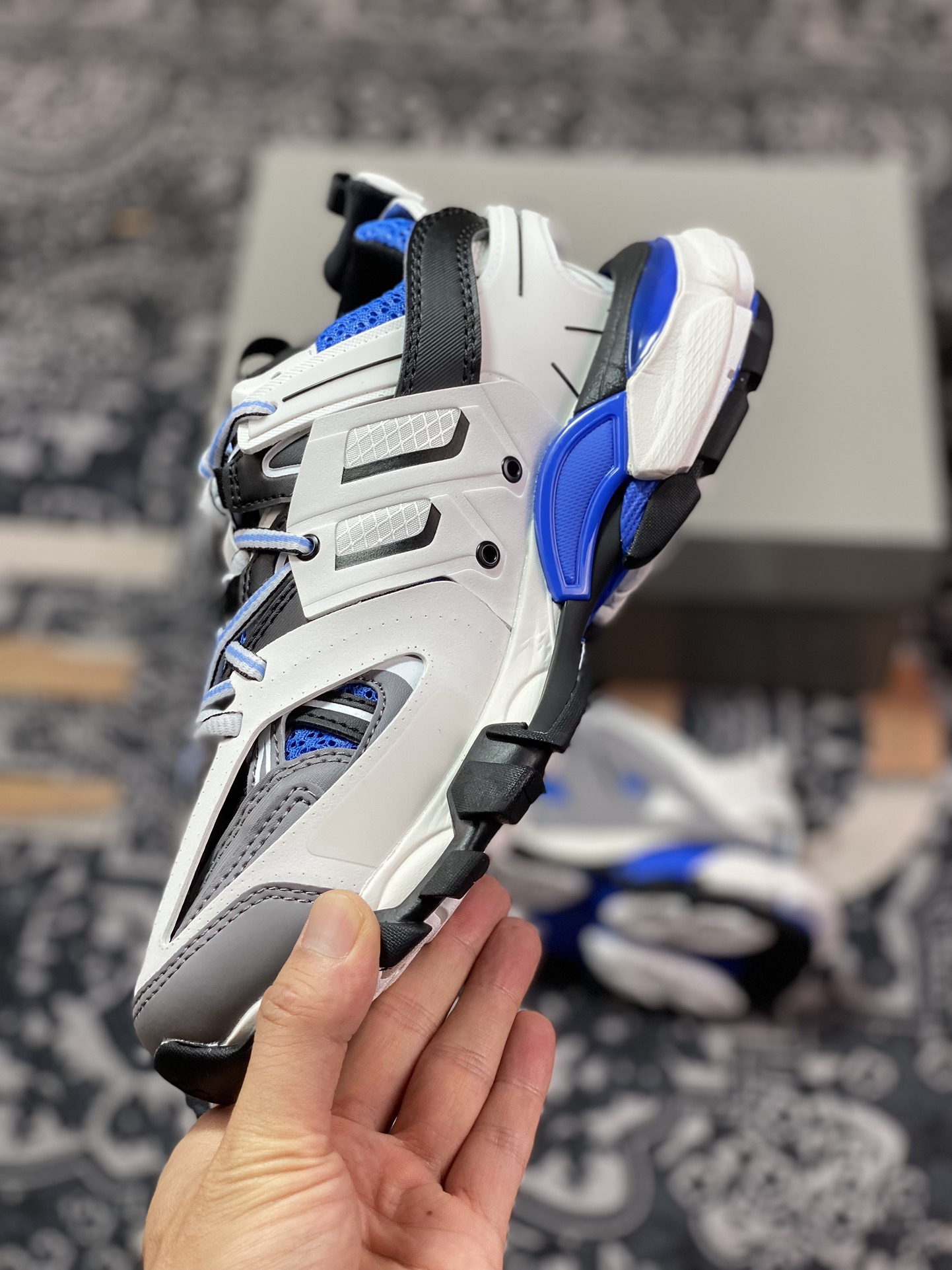 Balenciaga Track Trainers 3.0 Retro Wild Running Daddy Trendy All-match Jogging Shoes ”Dark Gray, White, Black and Sapphire Blue” 542436 W3SR6 2501