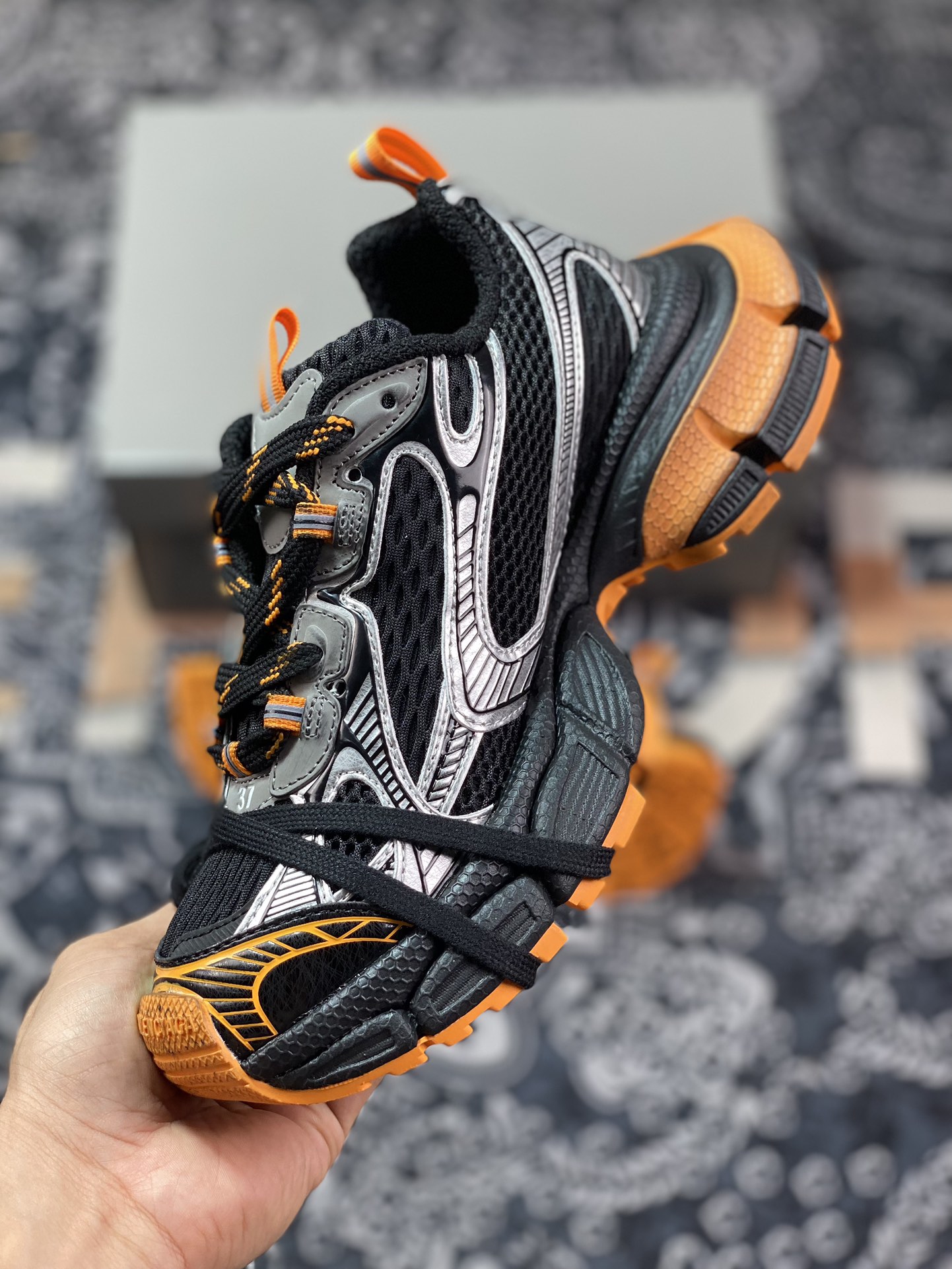 Balenciaga BALENCIAGA 3XL Sneakers 3+ series low-top retro wide-soled grandpa style trendy all-match casual jogging shoes ”net woven black silver bright orange” 734734 W3XL3 1178