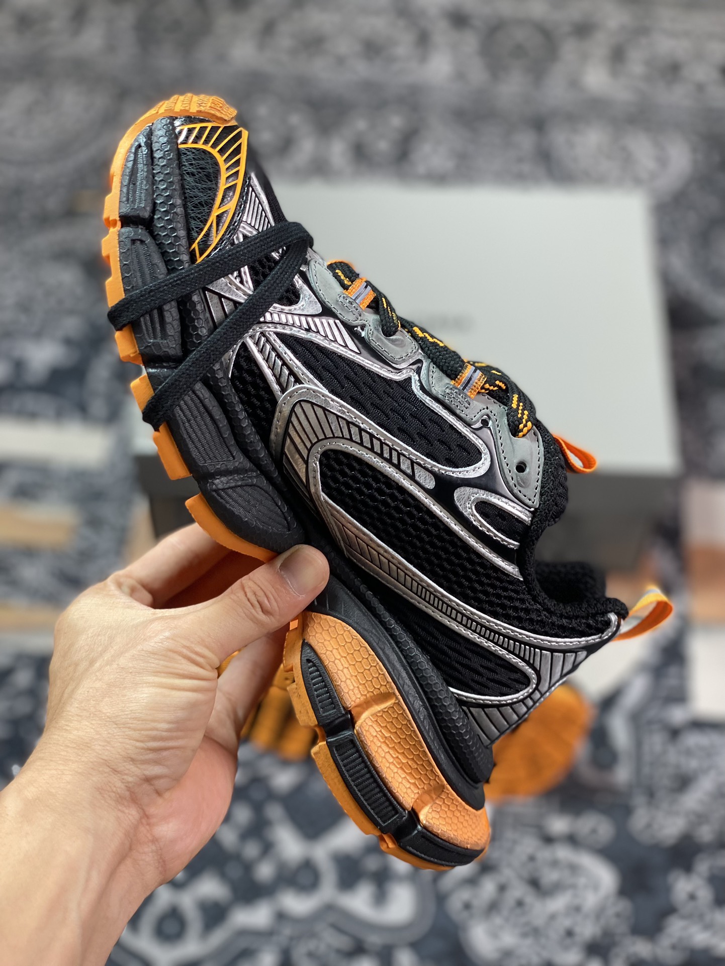 Balenciaga BALENCIAGA 3XL Sneakers 3+ series low-top retro wide-soled grandpa style trendy all-match casual jogging shoes ”net woven black silver bright orange” 734734 W3XL3 1178