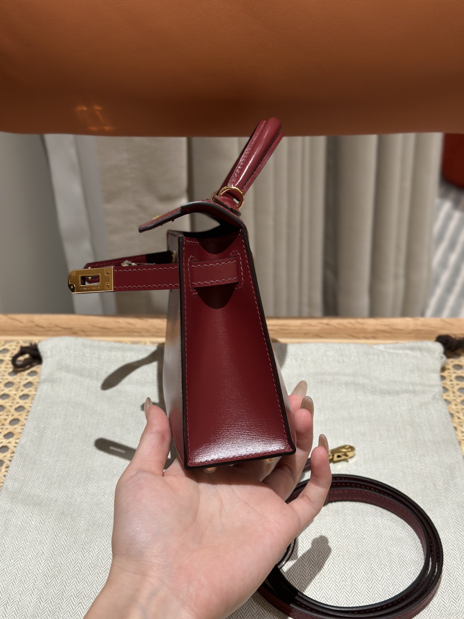 Hermès mini kelly 2, 57/Bordeaux, box, gold, 19cm, all handmade!!