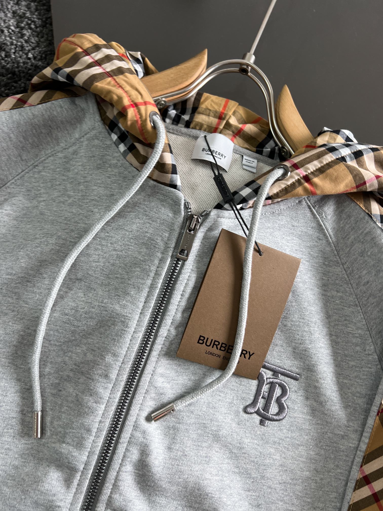 Burberry Men's Grey Cotton Zip-Up Hoodie with Signature Check Trim 3 a1694108962360 2414