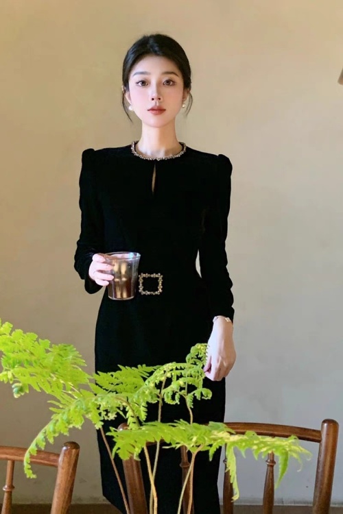 Elegant Velvet Dress - Rhinestone Collar, Long Sleeve, Slim Fit with Belt 1 Elegant Velvet Dress - Rhinestone Collar, Long Sleeve, Slim Fit with Belt
