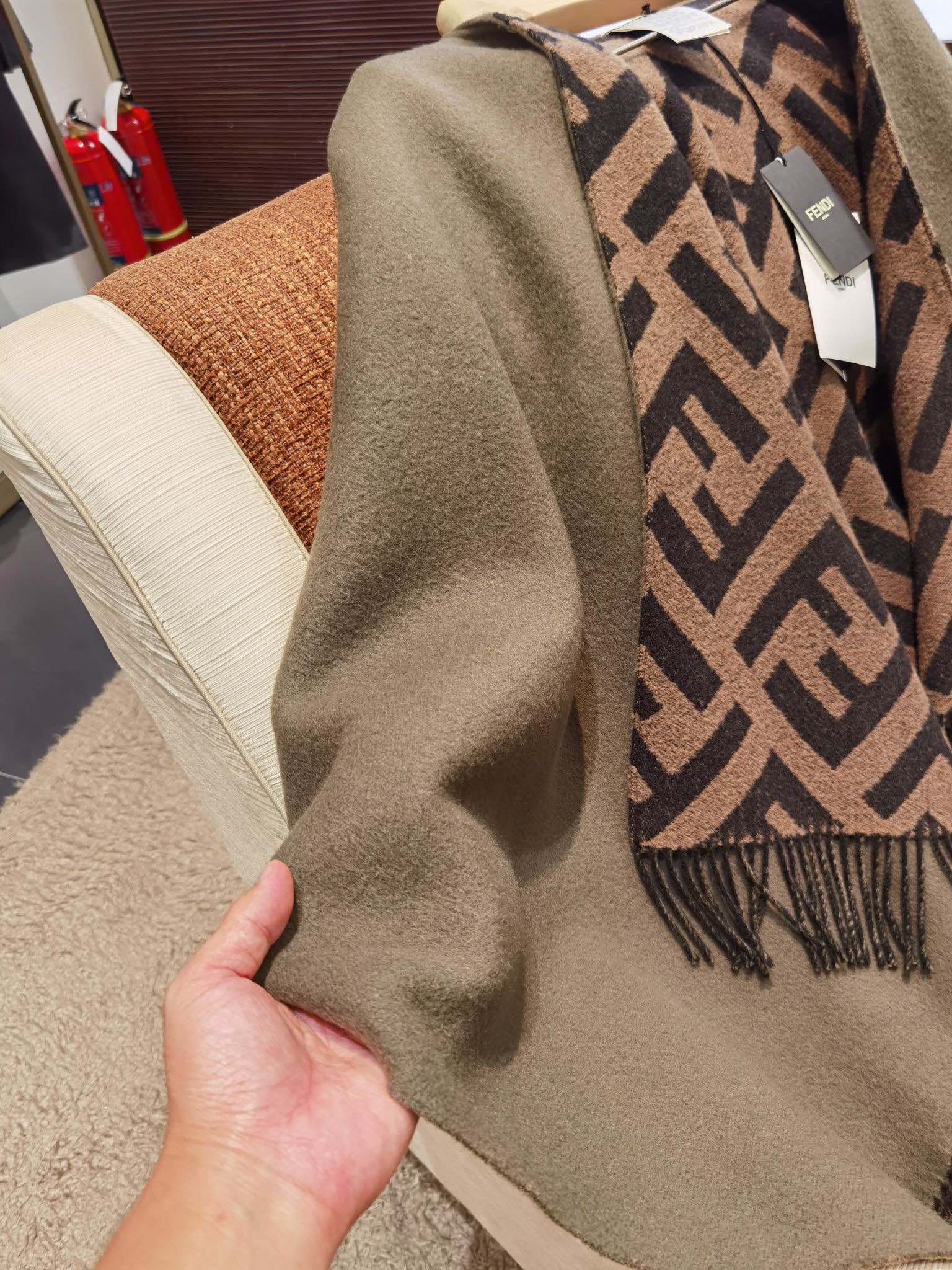 [Fendi Scarves]FEl Double-sided Wool-Cashmere Blend Cape GreyCoffee Size 140x