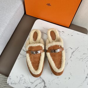 Hermes AAA+ Shoes Half Slippers Buy the Best High Quality Replica Genuine Leather Sheepskin Wool Fall/Winter Collection Fashion