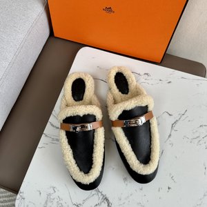 Hermes Shoes Half Slippers Genuine Leather Sheepskin Wool Fall/Winter Collection Fashion
