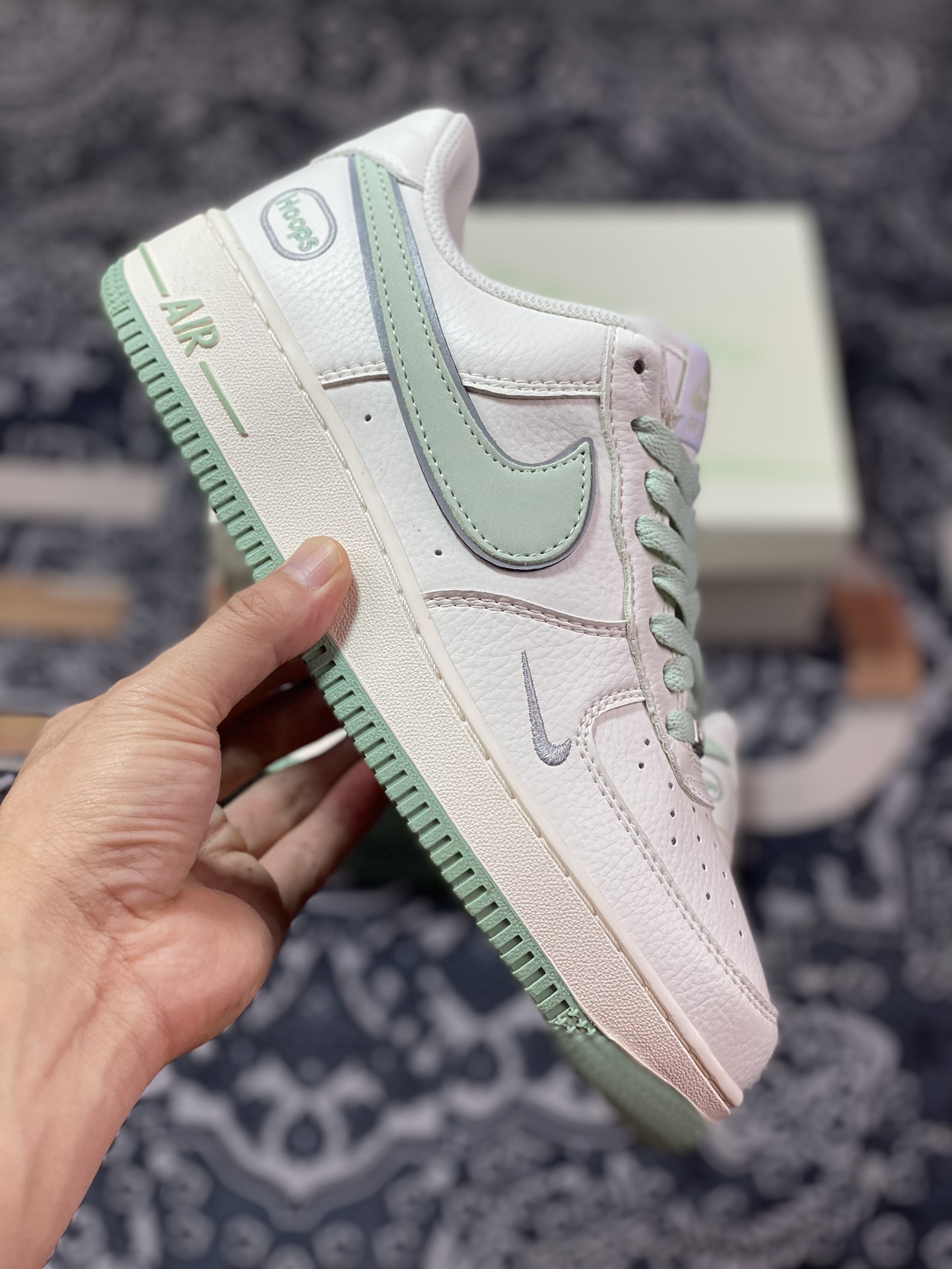 Nike Air Force 1'07 Low EMB ”Beige/Mint/Hoops/Mini Swoosh” Air Force One low-top sneakers ”off-white mint green Hoops embroidered small hook” HP2369-007