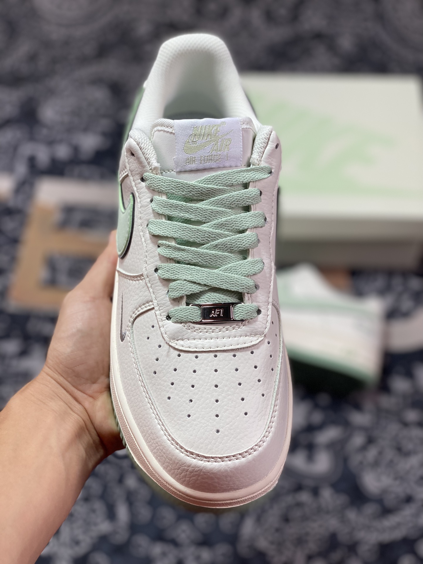 Nike Air Force 1'07 Low EMB ”Beige/Mint/Hoops/Mini Swoosh” Air Force One low-top sneakers ”off-white mint green Hoops embroidered small hook” HP2369-007