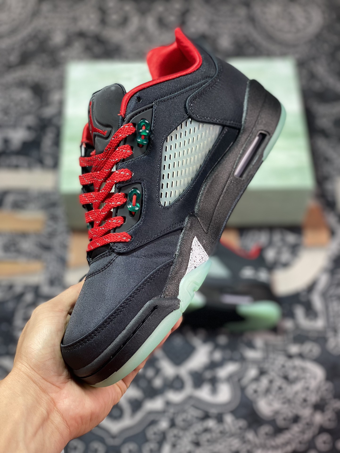 Clot x Air Jordan 5 Retro Low ”CNY” AJ5 Jordan 5 Chinese New Year Black Red Silk Emerald Luminous Tear DM4640-036