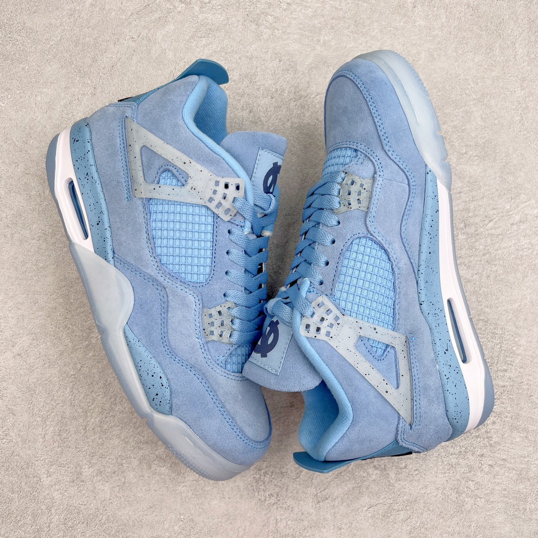 图片[3]-💰130 ＃PB版 福利特价‼Air Jordan AJ4 Retro PE 北卡蓝 HO12MNJDLS247 耗时半年巨作 40余配色陆续出货 全套原纸板楦头开发 调试30余版 确保原汁原味完美呈现四代版型 一比一鞋头弧度高度趴度鞋身弧度 此版本只针对中端市场 皮料材质有所更替 其他数据细节工艺流程均保持公司一致 细节品控鞋型随意秒杀市面3XX 4XX 原厂TPU网格鞋带扣 正确内里网布 菱角分明不变形无多余毛边 柔软性质感一致于原鞋 原厂织唛标 原厂飞人电绣工艺 独家绑鞋带手法 印刷中底布 四线拉帮 米色美纹纸贴合固定 进口港宝加持 后跟自然饱满 全鞋荧光划线卡点 追求极致完美 每一双都是工艺品 多重QC质检 超越公司货的品控标准 实实在在的免检产品 尺码：40 40.5 41 42 42.5 43 44 44.5 45 46 47.5 编码：by2936000-运动鞋