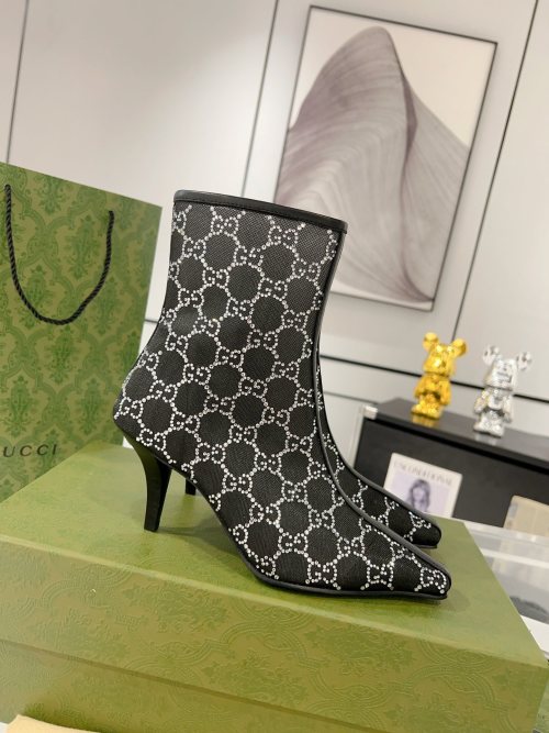 Gucci Crystal Embellished Mesh Ankle Boots, Black, Pointed Toe High Heel 1 Gucci Crystal Embellished Mesh Ankle Boots, Black, Pointed Toe High Heel