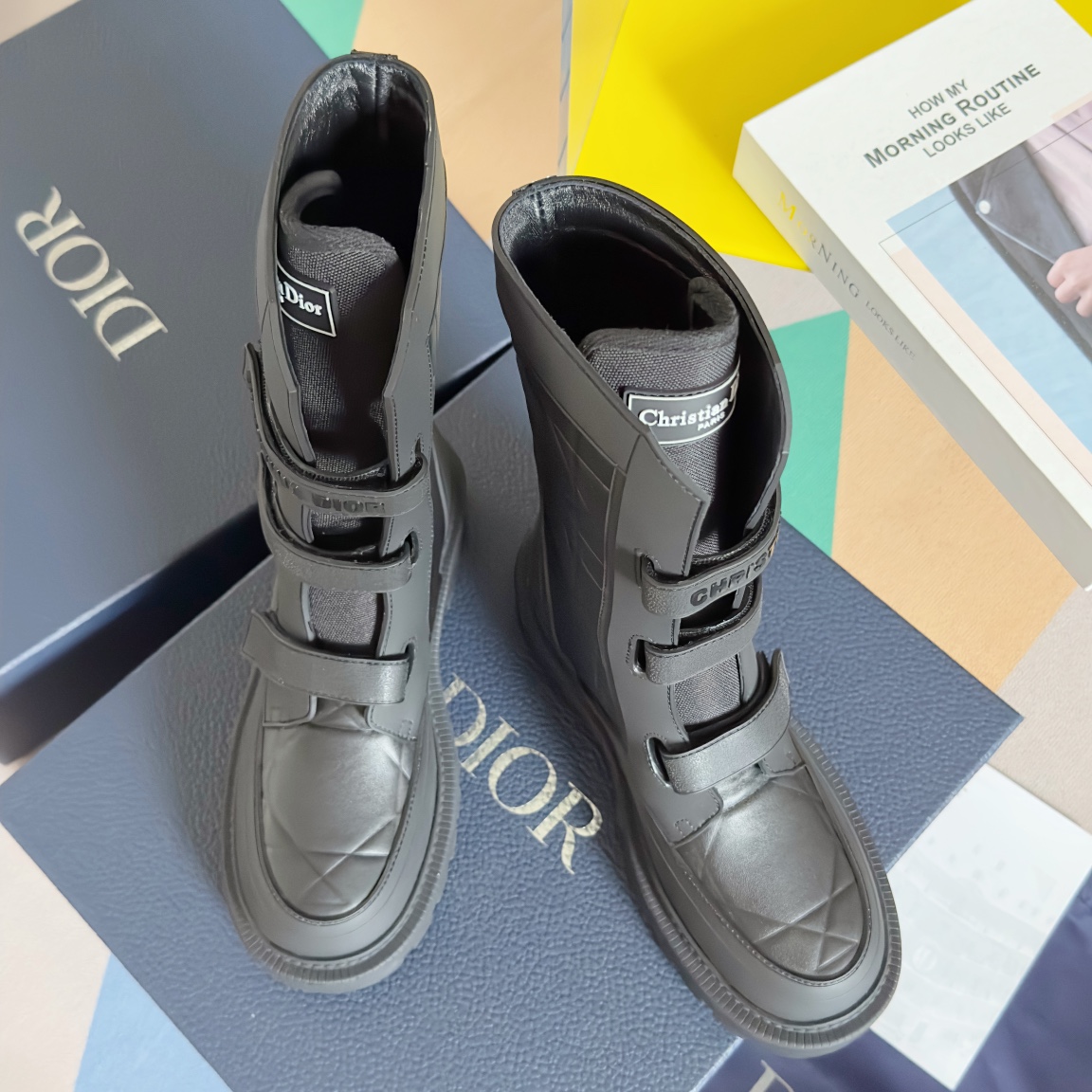 Dior Martin Boots Short Boots Beige Black Printing Women Cowhide Rubber Sheepskin Oblique