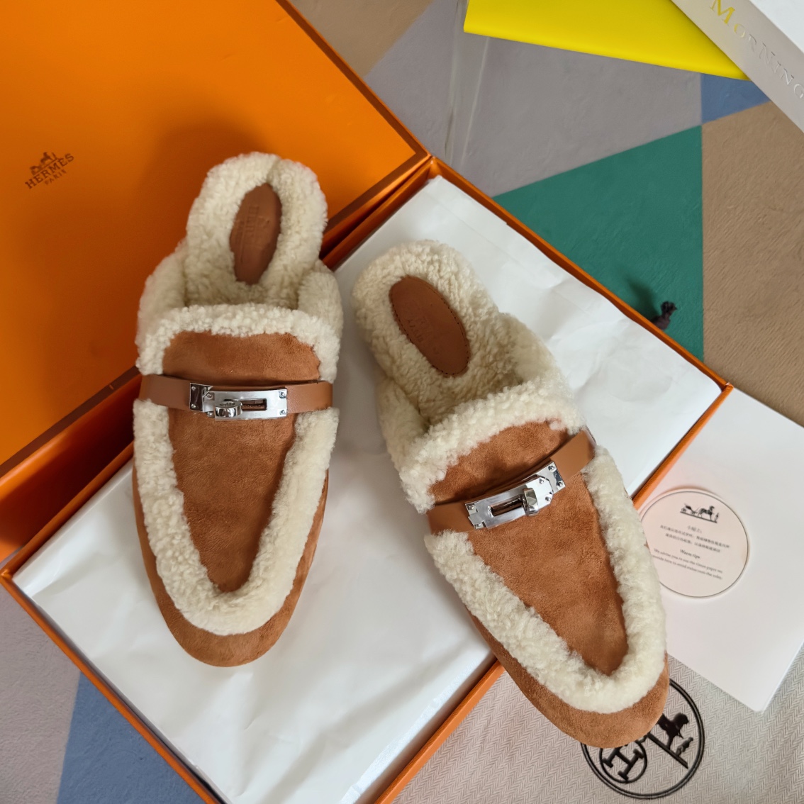 Hermes Kelly Pantuflas Zapatos Mules Pantuflas Mujeres Dermis Lambswhol Tpu Lana Casual