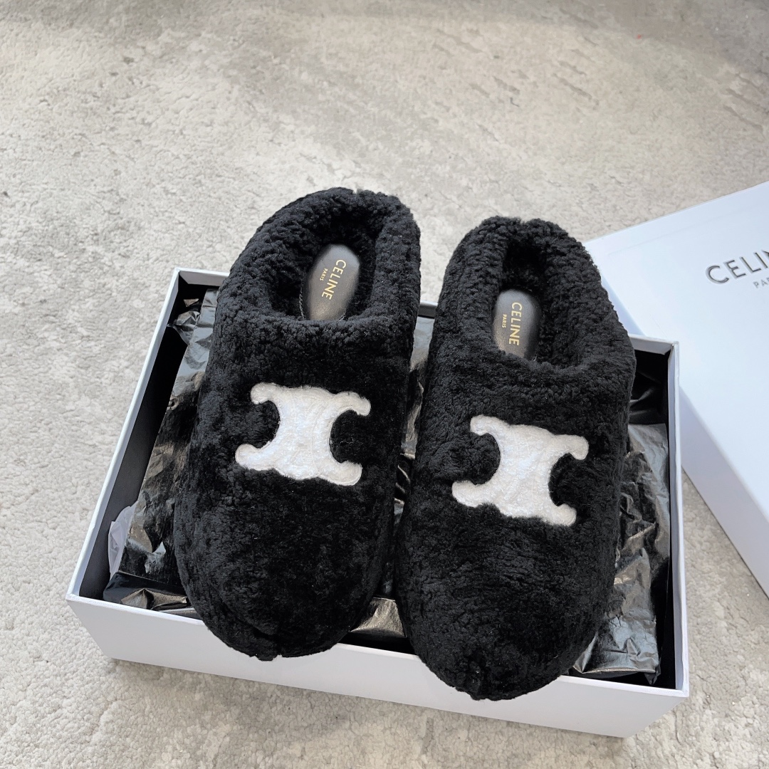 CHANEL Wool Slippers Quilted Lambswool Curly Wool Lining Rubber Non-Slip Sole Boutique Packaging