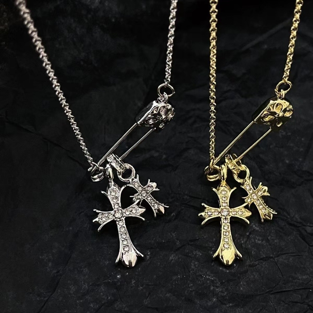 NO:108697,CH Croat Double Cross Pin Gold Diamond Sweater Necklace Retro Hip Hop Couple Style Personality Trend, Jewelry Boutique, Chrome Hearts, Sweaters, Necklace19860909CH克罗伈双十字架别针金色镶钻毛衣项链复古嘻哈情侣款个性潮流,饰品精品,chrome hearts,sweaters,necklace,Jewelry