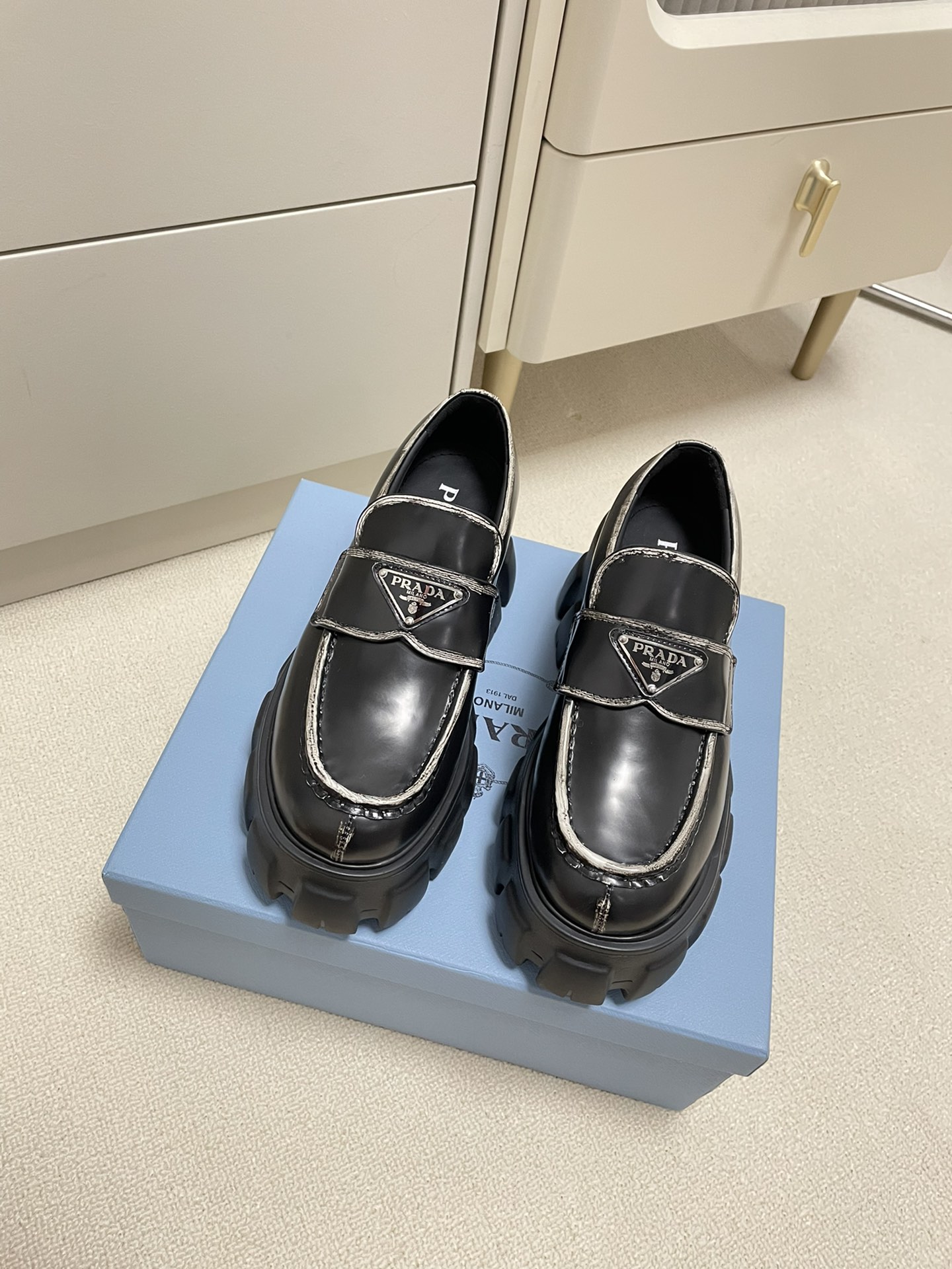 Prada Buy Loafers Plain Toe Platform Shoes Cowhide Patent Leather Sheepskin Casual