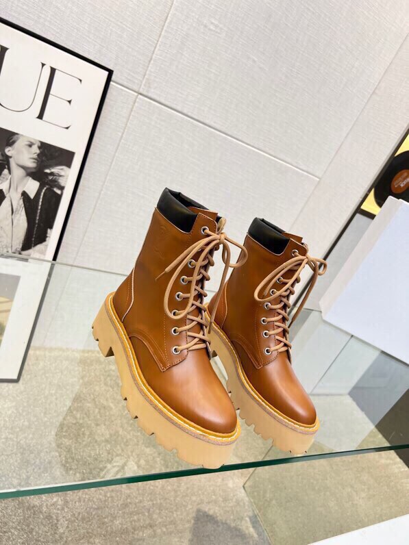 P295[發][發][發]Celine 赛琳2023凯旋门马丁系带厚底平底粗跟粗靴！！面料头层牛皮、内里羊、标准码数35/40（41、42订做不退放