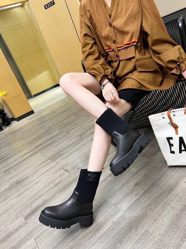 P295[發][發][發]Celine 赛琳2023凯旋门接拼厚底针织毛线筒女瘦靴！！面料头层牛皮、内里羊、标准码数35/40（41、42订做不退放