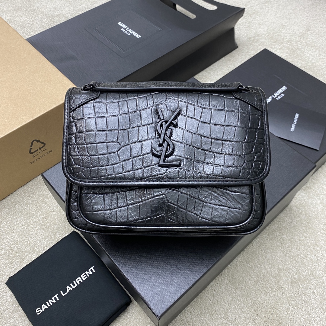 Saint Laurent Niki Baby Crocodile Embossed Leather Shoulder Bag Black
